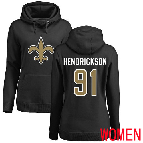 New Orleans Saints Black Women Trey Hendrickson Name and Number Logo NFL Football 91 Pullover Hoodie Sweatshirts